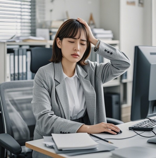 만성 두통으로 고생하는 여성