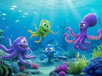 문어, 낙지, 쭈꾸미, 오징어 네 친구가 노는 애니메이션