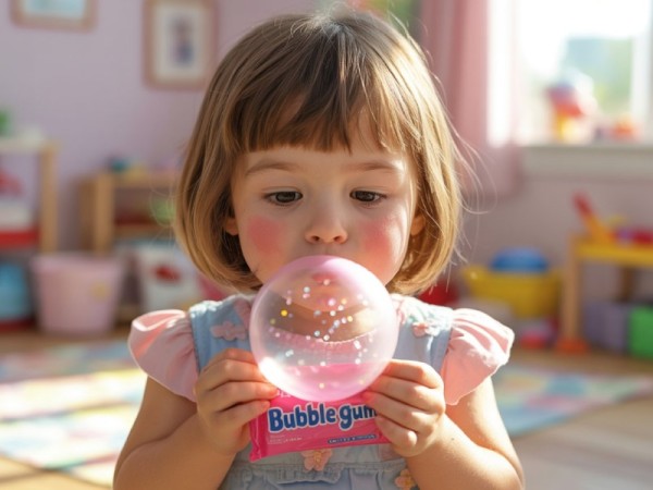 풍선껌을 부는 여자아이.