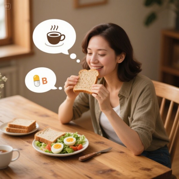 여성이 아침 식사를 하면서 커피와 비타민 B군 영양제 중 고민하는 모습
