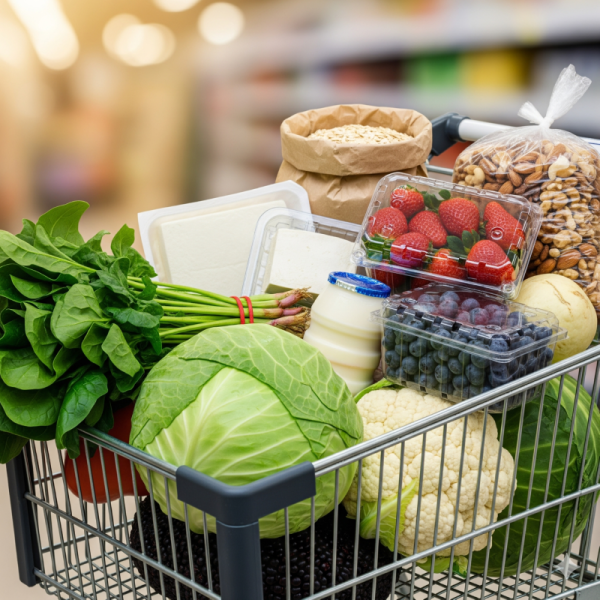 갑상선항진증에도움을주는식품들이 마트카트에 담겨 있는 모습