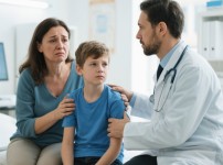 키가 작은 아들때문에 걱정스러운 엄마가 의사와 성장호르몬 주사를 상담받고 있는 중