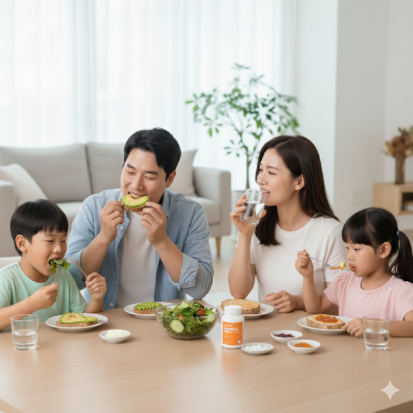 식사 중 비타민C 영양제를 복용하는 모습