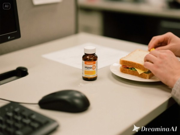 사무실에서 간단하게 점심을 먹으면서 비타민D영양제를 먹는 모습
