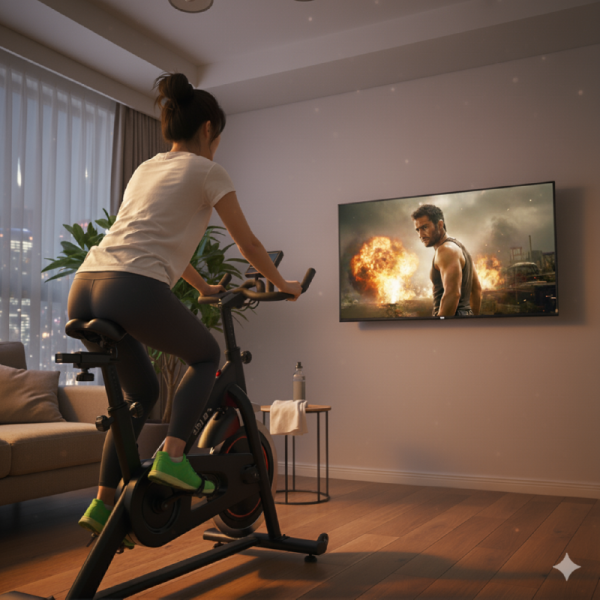저녁식사 후 tv를 보며 실내자전거를 타는 여성