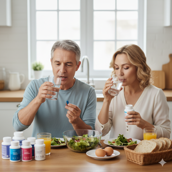 아침식사 중 영양제를 함께 먹는 중년부부