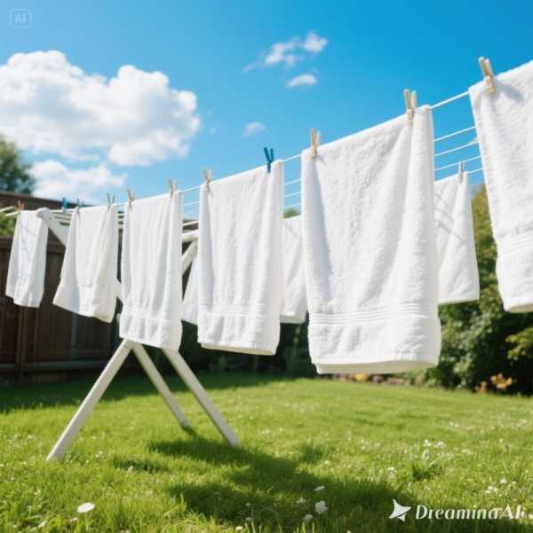햇빛 좋은날 마당에서 수건을 건조하는 모습