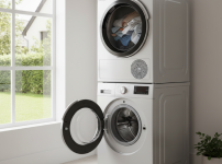 워시타워의 건조기에 세탁물을 건조하는 모습