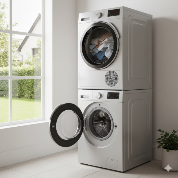 워시타워의 건조기에 세탁물을 건조하는 모습