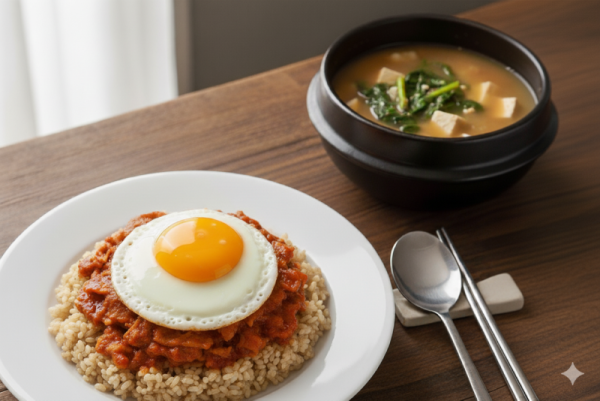 티아민이 풍부한 현미밥 제육덥밥 계란이 포함된 식단
