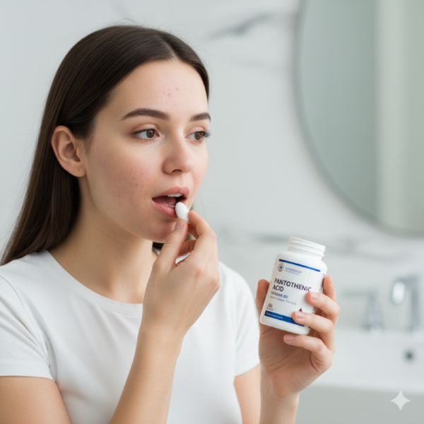 여드름 있는 청소년이 판토텐산을 복용하는 이미지