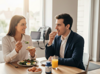 젊은 부부가 출근 전에 간단한 아침식사 직후 종합비타민을 복용