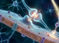 세포막, 신경 시냅스, 광수용체를 상징적으로 연결하는 이미지