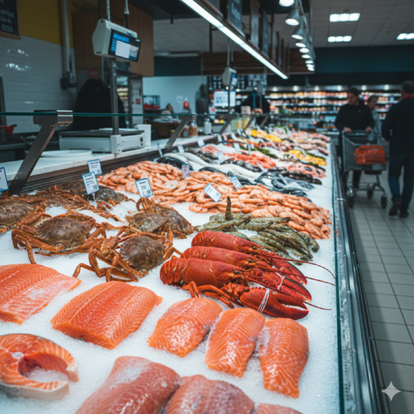 마트의 해산물 코너에 아스타잔틴이 풍부한 붉은색 해산물이 진열된 모습