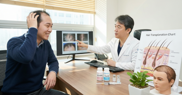 의사와 모발 이식 상담을 하고 있는 남성는
